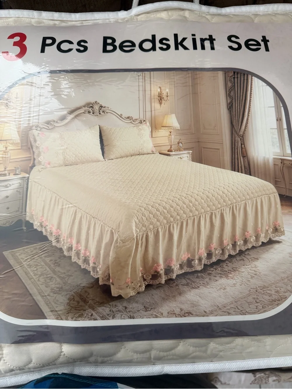3-Piece Cream Bedskirt Set with Pink Floral Trim